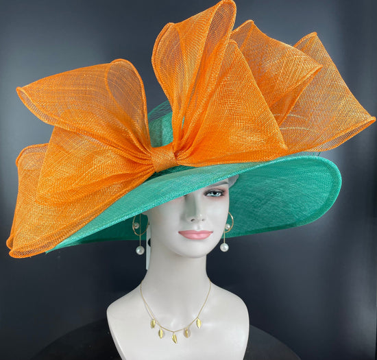 Jade Green Orange Royal Ascot Horse Race Oaks day hat Carriage Tea Party Wedding Kentucky Derby Hat  Tea Party Hat Wide Brim Sinamay Hat