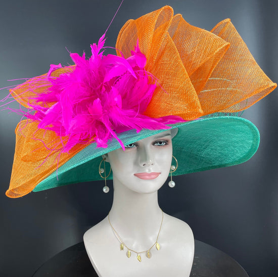 Jade Green Orange Fuchsia Wide Brim Sinamay Hat Church Kentucky Derby Hat Carriage Tea Party Wedding Jumbo Bows Feather Flower Ostrich Quill