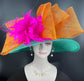 Jade Green Orange Fuchsia Wide Brim Sinamay Hat Church Kentucky Derby Hat Carriage Tea Party Wedding Jumbo Bows Feather Flower Ostrich Quill