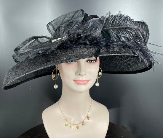 Black Wide Brim Sinamay Hat Church Kentucky Derby Hat Carriage Tea Party Wedding  Rhinstones w Sinamay Bow Ostrich Feather