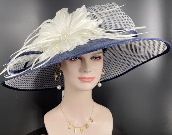 Navy Blue w White Royal Ascot Horse Race Oaks day hat Carriage Tea Party Wedding Kentucky Derby Hat Party Hat