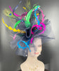 Kentucky Derby Hat Wedding Mother of Bride  Jumbo Fascinator Hat Cocktail Navy Blue Green Hot pink Lemon Yellow w Peacock Feathers