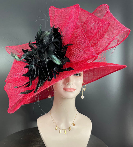 Red w Black Royal Ascot Horse Race Oaks day hat Carriage Tea Party Wedding Kentucky Derby Hat Party Hat Wide Brim Sinamay Hat