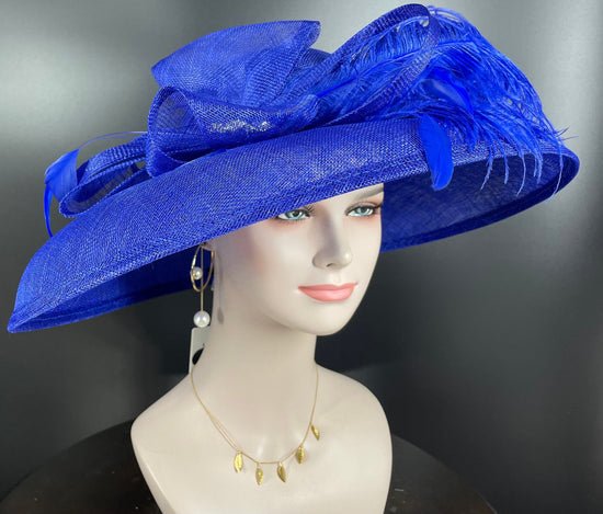 Royal Blue Wide Brim Sinamay Hat Church Kentucky Derby Hat Carriage Tea Party Wedding  Rhinstones w Sinamay Bow Ostrich Feather