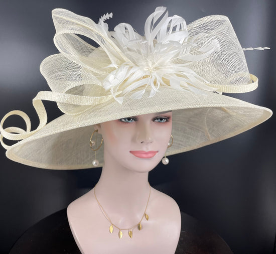 Church Kentucky Derby Hat Carriage Tea Party Wedding  With Jumbo Feather Flower and Bows Off White / Ivory