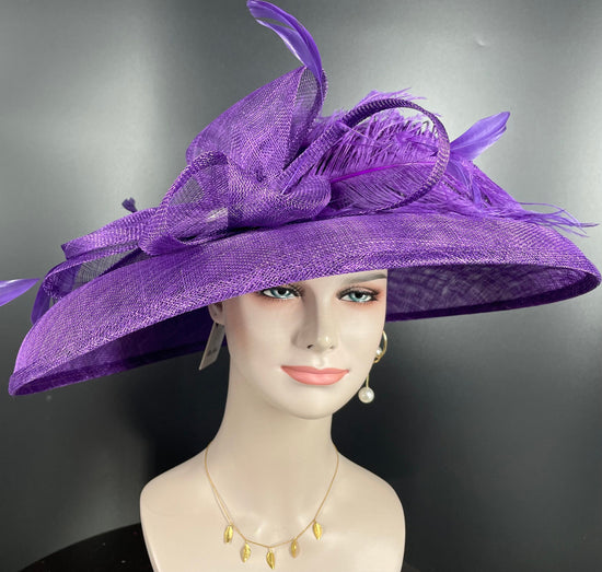 Purple Wide Brim Sinamay Hat Church Kentucky Derby Hat Carriage Tea Party Wedding  Rhinstones w Sinamay Bow Ostrich Feather