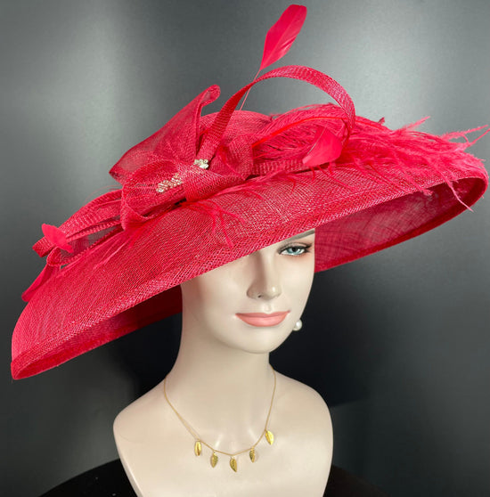 Red Wide Brim Sinamay Hat Church Kentucky Derby Hat Carriage Tea Party Wedding  Rhinstones w Sinamay Bow Ostrich Feather