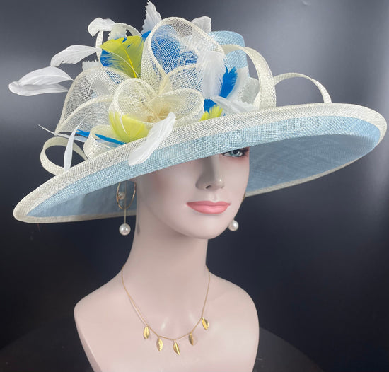 Church  Kentucky Derby Hat Carriage Tea Party Wedding Wide Brim Woman’s Royal Ascot Hat Horse Race Oaks day hatPowder blue Colorful Feathers