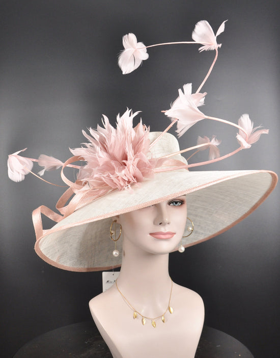 White w Blush Pink Kentucky Derby Hat, Church Hat, Wedding Hat, Easter Hat, Tea Party Hat Wide Brim Royal Ascot Horse Race Oaks day hat