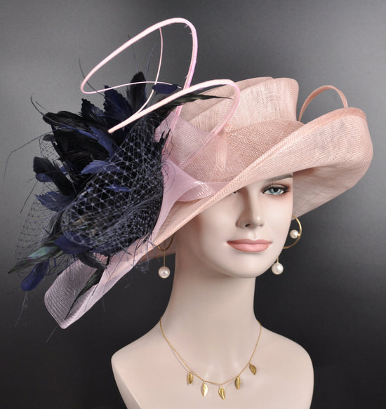 Church Kentucky Derby Hat Carriage Hat Tea Party Wedding Feather Flowers  Quills Blush( Dusty) Pink w Navy Blue ( More colors options)