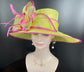 Church Kentucky Derby Hat Carriage Tea Party Wedding Wide Brim  Royal Ascot Hat in Solid Sinamay Hat Lime Green w Hot Pink