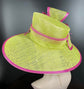 Church Kentucky Derby Hat Carriage Tea Party Wedding Wide Brim  Royal Ascot Hat in Solid Sinamay Hat Lime Green w Hot Pink