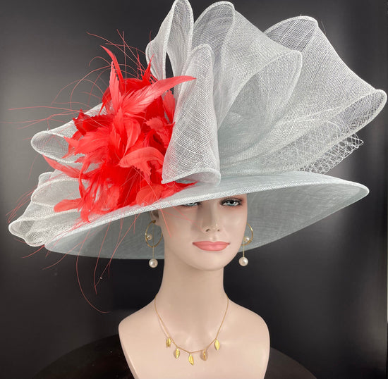 Powder Blue Coral Pink Wide Brim Sinamay Hat Church Kentucky Derby Hat Carriage Tea Party Wedding Hat Bows Feather Flower Ostrich Quills