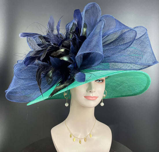 Jade Green Navy Blue Wide Brim Sinamay Hat Church Kentucky Derby Hat Carriage Tea Party Wedding Hat Bows Feather Flower Ostrich Quills