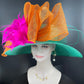 Jade Green Orange Fuchsia Wide Brim Sinamay Hat Church Kentucky Derby Hat Carriage Tea Party Wedding Jumbo Bows Feather Flower Ostrich Quill