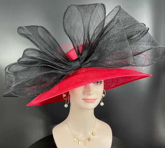 Red W Black Royal Ascot Horse Race Oaks day hat Carriage Tea Party Wedding Kentucky Derby Hat  Tea Party Hat Wide Brim Sinamay Hat