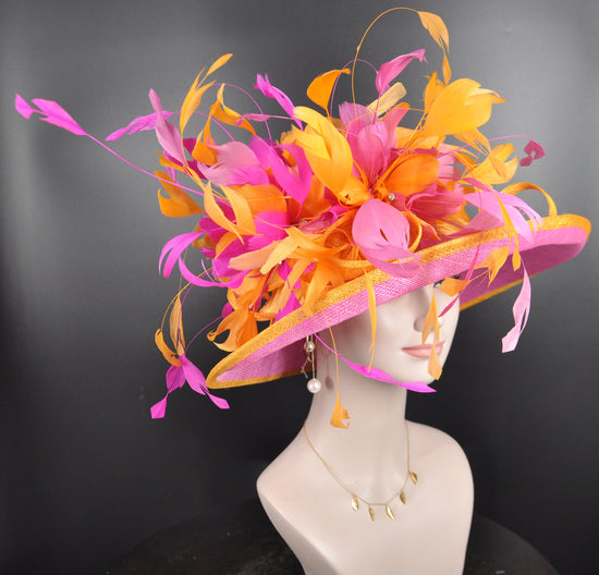 Church Kentucky Derby Hat Carriage Tea Party Wedding Wide Brim Sinamay Hat Hot Pink w Hot Pink Fuchsia Orange 2 Feather Flowers