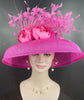 Audrey Hepburn Style Dome Hat Kentucky Derby Hat Tea Party Carriage Party  Wide Brim Sinamay Hat Fuchsia Hot Pink Feather Flower and Peony