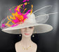 Wide Brim Sinamay Hat Church Kentucky Derby Hat Carriage Tea Party Wedding Hat Feather Flower  Quills White w Fuchsia Pink Orange