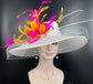 Wide Brim Sinamay Hat Church Kentucky Derby Hat Carriage Tea Party Wedding Hat Feather Flower  Quills White w Fuchsia Pink Orange