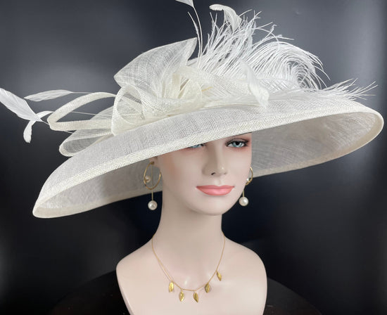 White Wide Brim Sinamay Hat Church Kentucky Derby Hat Carriage Tea Party Wedding  Rhinstones  Sinamay Bow Ostrich Feather