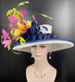 Church  Kentucky Derby Hat Carriage Tea Party Wedding Wide Brim Woman’s  Hat in Solid Sinamay Hat White Navy Blue Hot Pink w Green