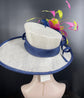 Church  Kentucky Derby Hat Carriage Tea Party Wedding Wide Brim Woman’s  Hat in Solid Sinamay Hat White Navy Blue Hot Pink w Green