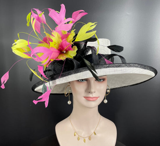 Church  Kentucky Derby Hat Carriage Tea Party Wedding Wide Brim Woman’s Royal Ascot Hat in Solid Sinamay Hat White Black Hot Pink w Green