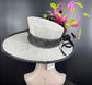 Church  Kentucky Derby Hat Carriage Tea Party Wedding Wide Brim Woman’s Royal Ascot Hat in Solid Sinamay Hat White Black Hot Pink w Green