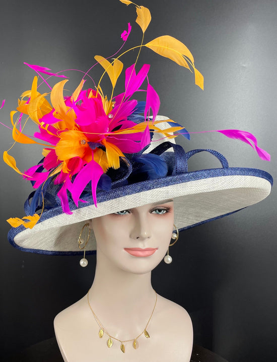 Church  Kentucky Derby Hat Carriage Tea Party Wedding Wide Brim Woman’s Hat in Solid Sinamay Hat White Navy Blue  Hot Pink w Orange