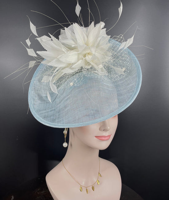 Powder Blue w Ivory Sinamay Disc Fascinator Hat with  Jumbo Goose Feather Flower and Silk Flower