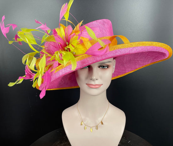 Church  Kentucky Derby Hat Carriage Tea Party Wedding Wide Brim Woman’s Royal Ascot Hat in Solid Sinamay Hat Hot Pink w Orange Green