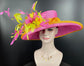 Church  Kentucky Derby Hat Carriage Tea Party Wedding Wide Brim Woman’s Royal Ascot Hat in Solid Sinamay Hat Hot Pink w Orange Green