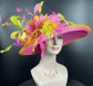 Church  Kentucky Derby Hat Carriage Tea Party Wedding Wide Brim Woman’s Royal Ascot Hat in Solid Sinamay Hat Hot Pink w Orange Green