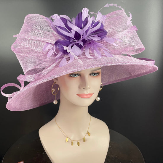 Church Kentucky Derby Hat Carriage Tea Party Wedding  With Jumbo Feather Flower and Bows Wide Brim Sinamay Hat Lilac with Purple