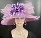 Church Kentucky Derby Hat Carriage Tea Party Wedding  With Jumbo Feather Flower and Bows Wide Brim Sinamay Hat Lilac with Purple