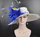 3 Layers Sinamay Hat Church Kentucky Derby Hat Carriage Tea Party Wedding Wide Brim  Sinamay Hat White w Royal Blue and Colorful Feathers