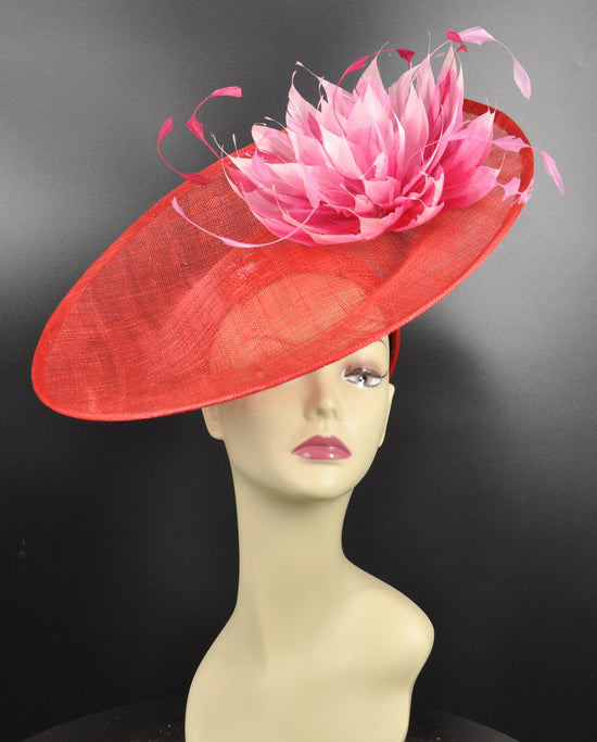 Red (More Colors Options)Sinamay Saucer with Upturned Brim Hat w Multi  Pink Colors Jumbo Feather Flower  Kentucky Derby Hat