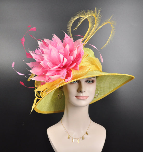 Lime Green Lemon Yellow  Pink Wide Brim Sinamay Hat Church Kentucky Derby Hat  Tea Party Wedding Royal Ascot Hat Horse Race Oaks day hat