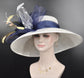 Church Kentucky Derby Hat Wide Brim Sinamay Hat  Carriage Tea Party Wedding  White with Navy Blue Peach Yellow Peacock Feathers