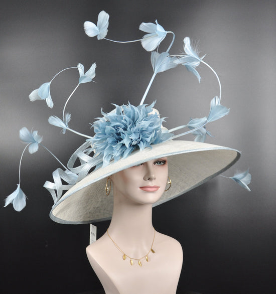 White w Powder Blue Kentucky Derby Hat, Church Hat, Wedding Hat, Easter Hat, Tea Party Hat Wide Brim Royal Ascot Horse Race Oaks day hat