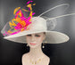 Wide Brim Sinamay Hat Church Kentucky Derby Hat Carriage Tea Party Wedding Hat Feather Flower  Quills White w Fuchsia Pink Orange