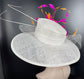 Wide Brim Sinamay Hat Church Kentucky Derby Hat Carriage Tea Party Wedding Hat Feather Flower  Quills White w Fuchsia Pink Orange