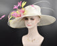 Wide Brim Sinamay Hat Church Kentucky Derby Hat Carriage Tea Party Wedding  Royal Ascot Horse Race Oaks day hat Off White w Hot Pink Orange