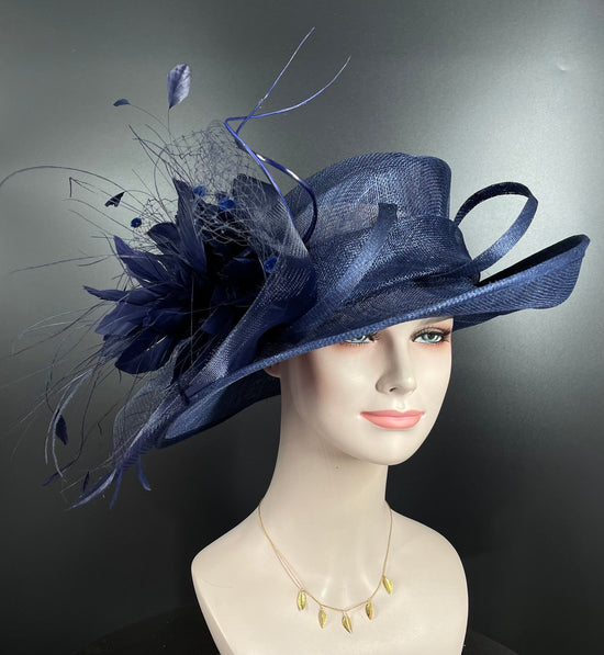 Church Kentucky Derby Hat Carriage Tea Party Wedding  Feather Flowers and Ostrich  Quills Navy Blue