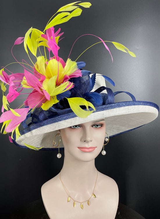 Church  Kentucky Derby Hat Carriage Tea Party Wedding Wide Brim Woman’s  Hat in Solid Sinamay Hat White Navy Blue Hot Pink w Green