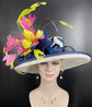 Church  Kentucky Derby Hat Carriage Tea Party Wedding Wide Brim Woman’s  Hat in Solid Sinamay Hat White Navy Blue Hot Pink w Green