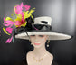 Church  Kentucky Derby Hat Carriage Tea Party Wedding Wide Brim Woman’s Royal Ascot Hat in Solid Sinamay Hat White Black Hot Pink w Green