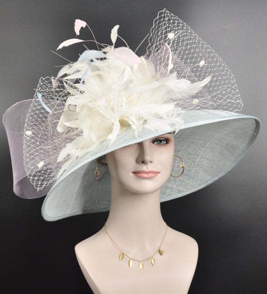 Powder Blue with Ivory  Feather Flowers and Jumbo Two Bows Kentucky Derby Hat Tea Party Carriage Party