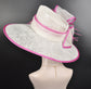 Church Kentucky Derby Hat Carriage Tea Party Wedding Wide Brim  Royal Ascot Hat in Solid Sinamay Hat White w Hot Pink